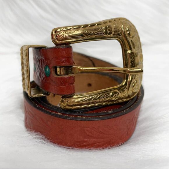 Western Style Brown Cowhide Gold Buckle Belt Size Large - Picture 1 of 8